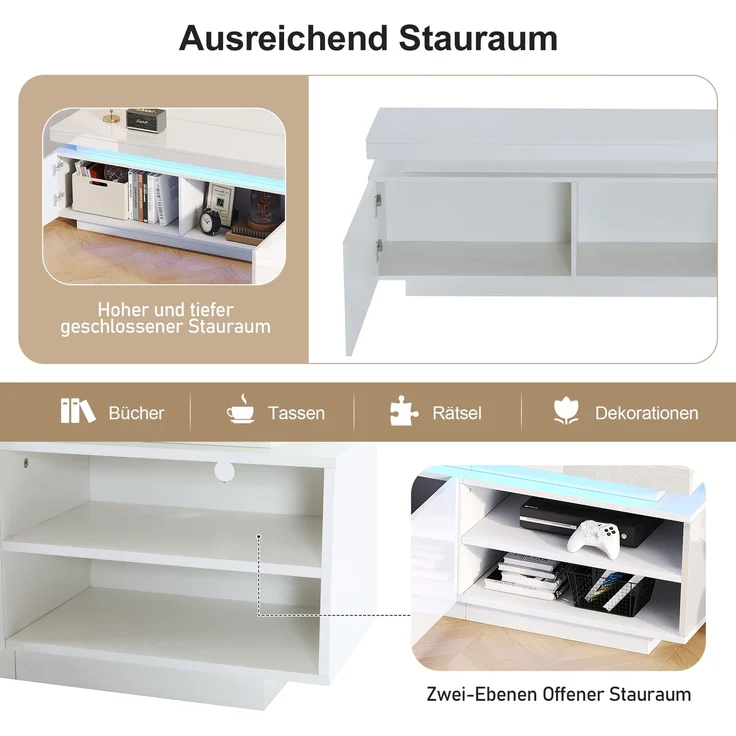 Merax Moderner Lowboard Hochglanz-TV-Schrank mit LED-Beleuchtung, TV-Board, TV-Kommode, geeignet für 75-Zoll-TVs,Tisch, universeller Gaming-Medienständer, Aufbewahrungsschrank und großer Stauraum, weiß – Bild 7