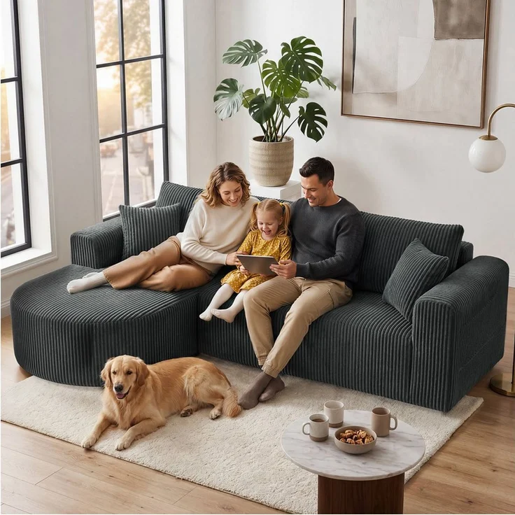 COMHOMA Sofa Ecksofa mit Schlaffunktion, Corduroy Modulares Boneless Couch, mit Chaiselongue, L-Form Schlafsofa, Sektionssofas mit Kissen & Seitentaschen – Bild 2