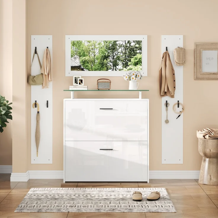 89.5*23*96.5cm Garderoben-Set 4-teilig mit Spiegel,2 Hutablage und Hochglanz Schuhschrank. Flur Garderobenständer Kleiderständer Set,Flurgarderoben Set,Kompaktgarderobe mit 8 Kleiderhaken,Weiß--Weiß--89.5x23x96.5cm--YOUDENOVA – Bild 4