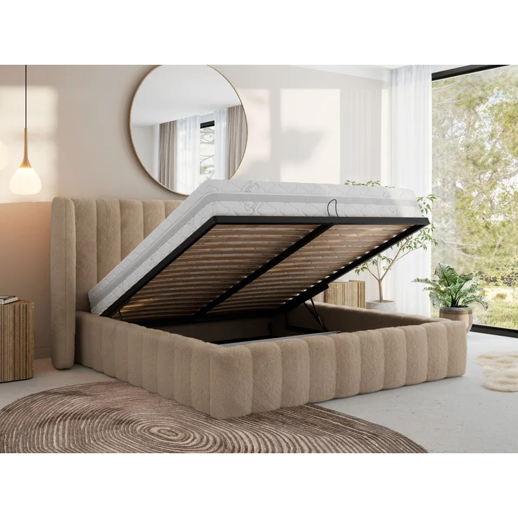Polsterbett GOLETTA CLASSIC 160 x 200 cm mit gepolstertem Kopfteil, stabilem Bettrahmen, Lattenrost und Bettkasten mit Gasdruckfedern, Doppelbett, zeitloses Design Pocket Matratze - Beige Plüsch - VIRE LUX – Bild 3
