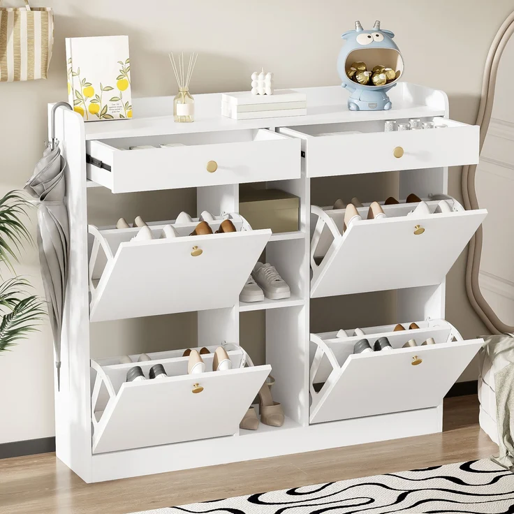 Schuhschrank aus Spanplatte mit 4 Klapptüren, 2 Schubladen & offenen Fächern, 110x26x100 cm, Weiß – Bild 8