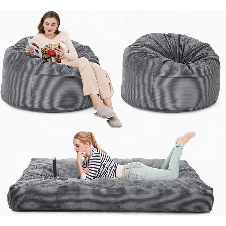 IDEALHOUSE 2-in-1 Sitzsack-Bett, Sitzsack-Sessel 190*135cm,Schaumstoff Sofa | Sitzsack-Sofa mit Bettfunktion, Memory/Hochdichtschaum-Füllung, Cordbezug abnehmbar&maschinenwaschbar, Grau3