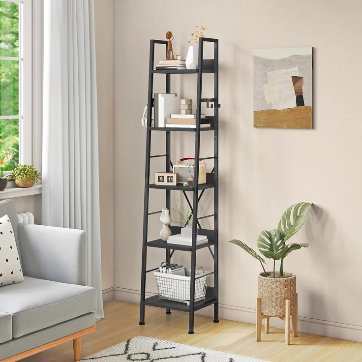 YITAHOME Bücherregal mit 5 Ebenen, hohes, schmales dünnes Holzregale und Metallrahmen, modernes Regal für Wohnzimmer, Flur, Büro, schwarzes – Bild 1
