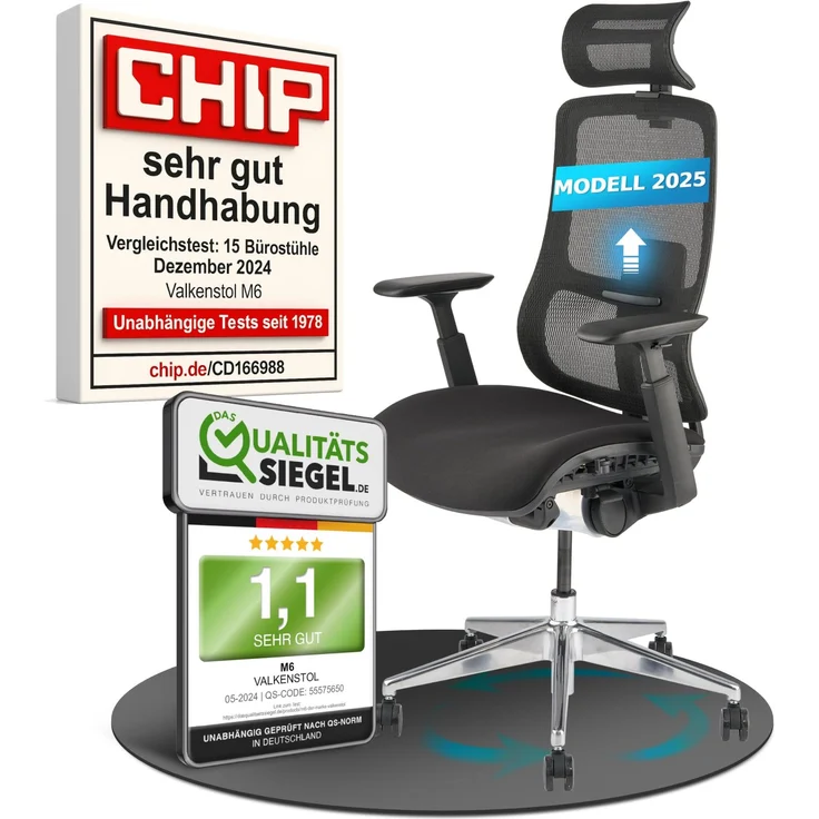 VALKENSTOL M6 Bürostuhl Ergonomisch Testsieger, auch bis 1,95m, Schreibtischstuhl mit Polster-Sitz, Office Chair mit adaptiver Lordosenstütze, Verstellbare Rückenlehne für Gesundes Sitzen, Chefsessel – Bild 1