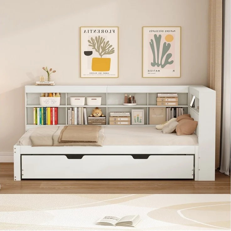 MODFU Schlafsofa Kinderbett mit USB-Steckdose und mehreren Ablagefächern, Mit Räummaschine, Massivholzbett, Doppelbett, Multifunktionsbett aus Holz, ohne Matratze – Bild 2