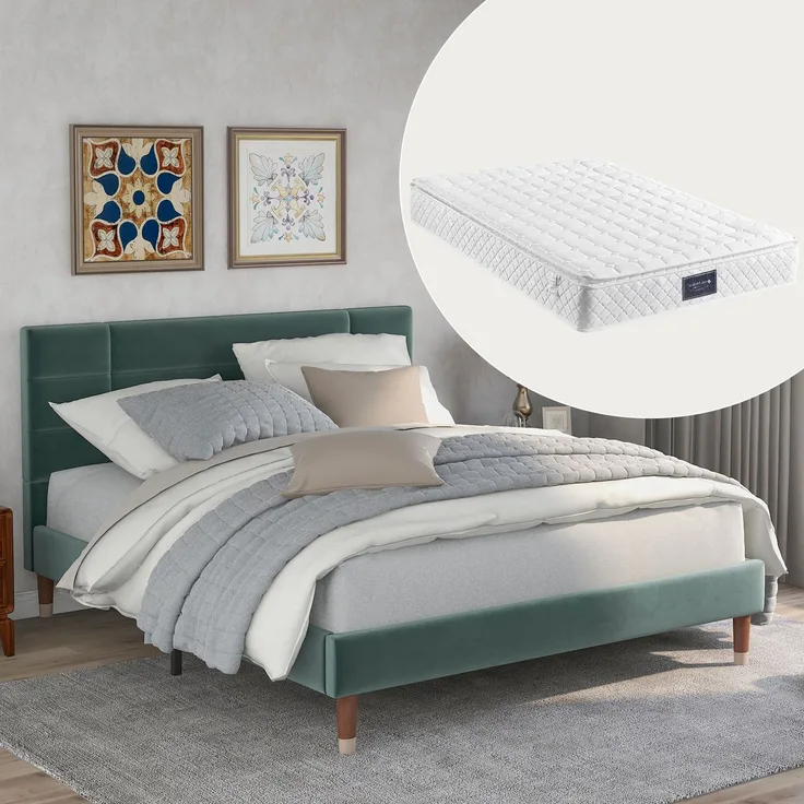 Polsterbett 140x200 mit hohem Kopfteil, Stauraum unter dem Bett, Leinenbezug, stabiles Doppelbett für Schlafzimme,Grün,mit matratze