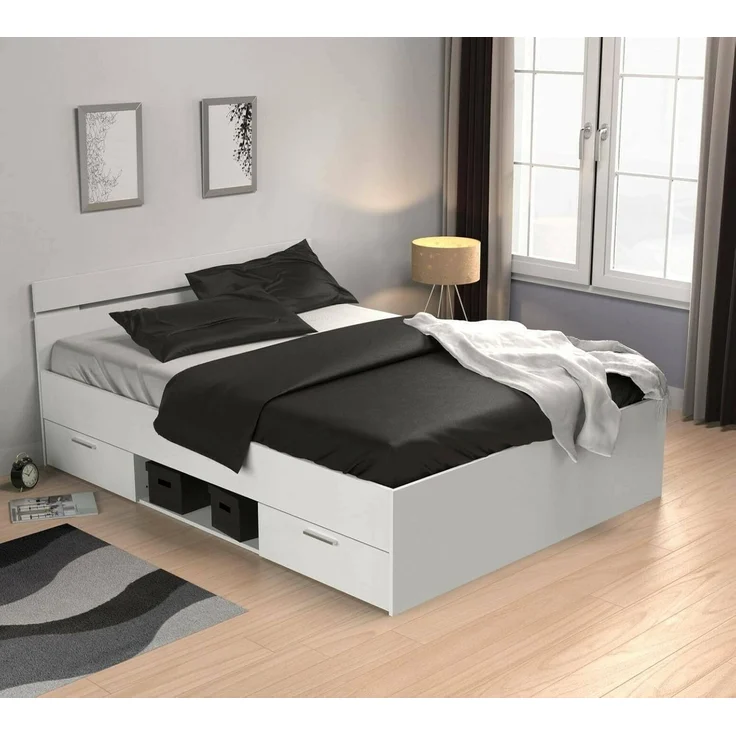 Dmora - Doppelbett VAR, Struktur des Container-Betts, Sommier mit Verkleidung, Matratzenhalterstruktur, 204x145 h74 cm, Mattweiß – Bild 1