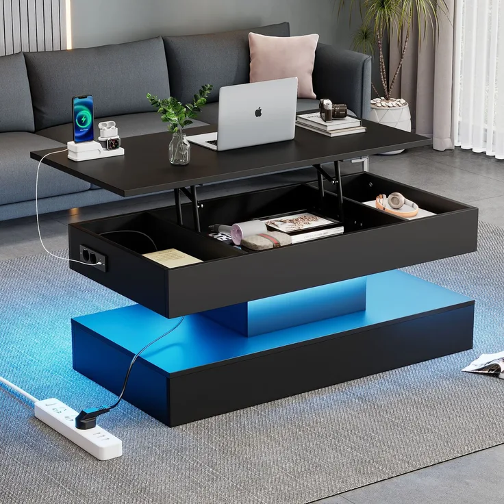Höhenverstellbarer Couchtisch mit LED-App-Steuerung, verstecktem Stauraum und EU-Steckdosen, 100×50×42 cm, modern schwarz
