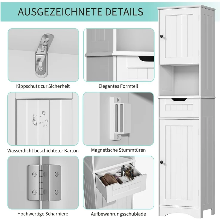 Bealife Hochschrank Badezimmer, Badschrank mit verstellbaren Regalen, Badezimmerschrank mit offenem Fach, Schublade und Türen für Badezimmer, Wohnzimmer, Schlafzimmer (Weiß) – Bild 5