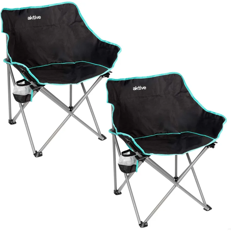 AKTIVE Camping-Klappstühle, 2 Stück, schwarz, Stahlrahmen, 50 x 47 x 74 cm, leicht und robust, inklusive Untersetzer und Tragetasche, für Outdoor, Strand und Berge (63125)