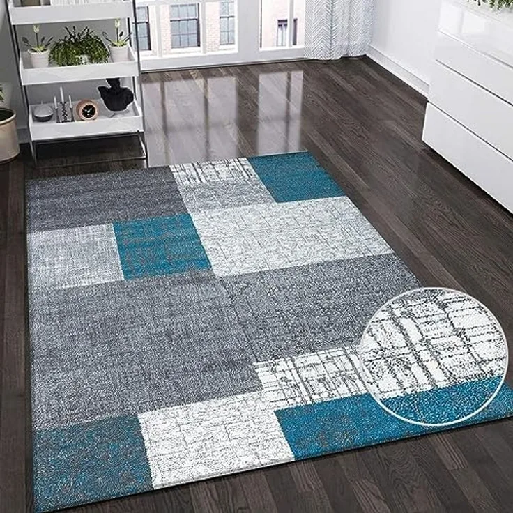 Vimoda Teppich Wohnzimmer Klassisch Karo- kariert Design, Rechteckig, Höhe: 5 mm, Läufer Kachel Optik in Türkis Grau Gelb & Lila Teppich Schlafzimmer