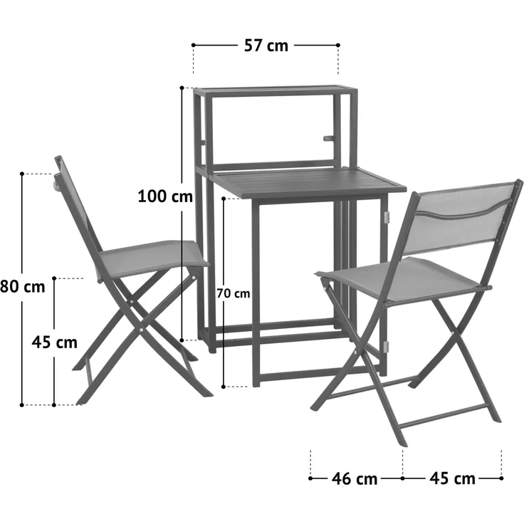 SVITA Balkonset, (Platzsparendes Set, Ausklappbarer Tisch mit 2 Stühlen und ein Regal zum Verstauen), Tisch und Stühle platzsparend verstaubar – Bild 6