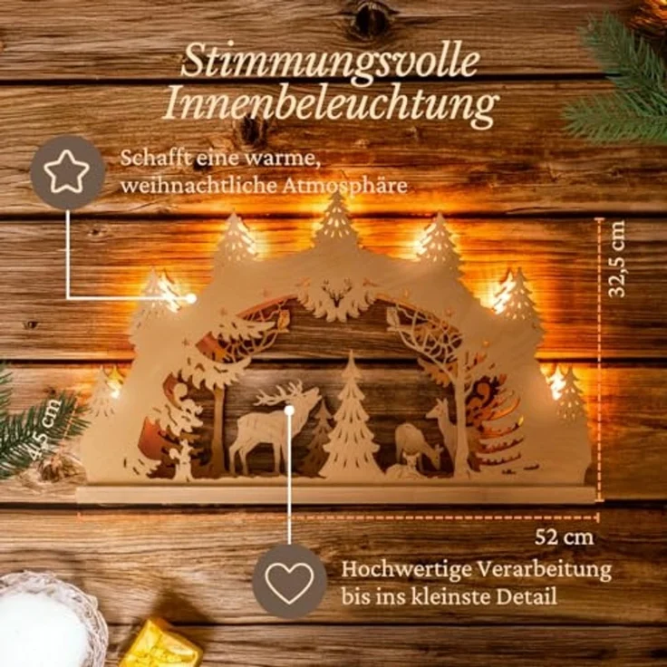 Weigla Schwibbogen Hirschfamilie, Lichterbogen aus Holz, NATUR, Made in Germany (1-tlg), Erzgebirge garantiert, Weihnachtsdeko Innen, Weihnachtsbeleuchtung – Bild 3