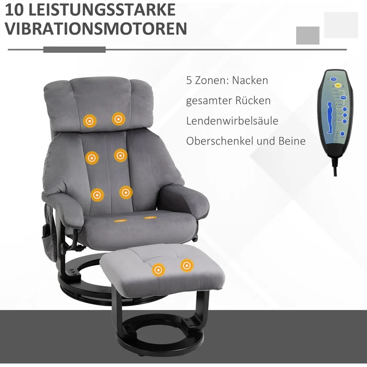 Wohnora-Relaxsessel mit Hocker, Drehbarer Fernsehsessel mit Schwingmassage, Liegefunktion, Massagesessel mit Seitentasche, Liegesessel mit Samtoptik für Wohnzimmer Grau,H 1020cm x T 760cm x B 800cm – Bild 5