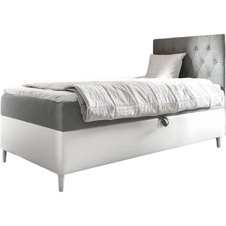 MEBLINI Kinderbett mit Bettkasten FILIPPO 1 100x200 Rechts – H3/Grau Samt Gepolstert Einzelbett mit Matratze - Polsterbett mit Stauraum - Bett mit Kopfteil – Stauraumbett