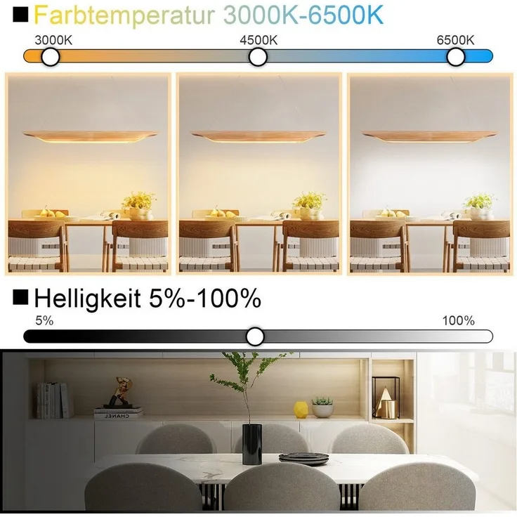 Nettlife LED Pendelleuchte Esstisch Dimmbar Modern Hängelampe Holz 90cm mit Fernbedienung, Höhenverstellbar, LED fest integriert, für Esszimmer Wohnzimmer Schlafzimmer Küche