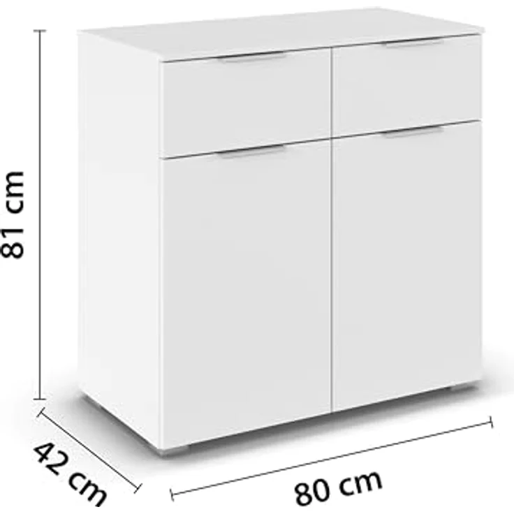 Rauch Möbel Alabama, Kommode für Schlafzimmer, Kinderzimmer, Garderobe, Flur, 2-türig, mit 2 Schubladen, Soft-Close-Funktion, Farbe Weiß, Griff Alufarben, Maße 80 x 81 x 42 cm – Bild 4