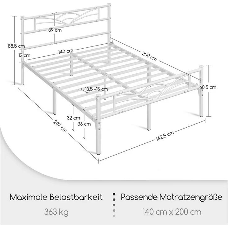 Yaheetech Metallbett mit Lattenrost, Wolkenmuster, Weiß, 140x200 cm – Bild 4