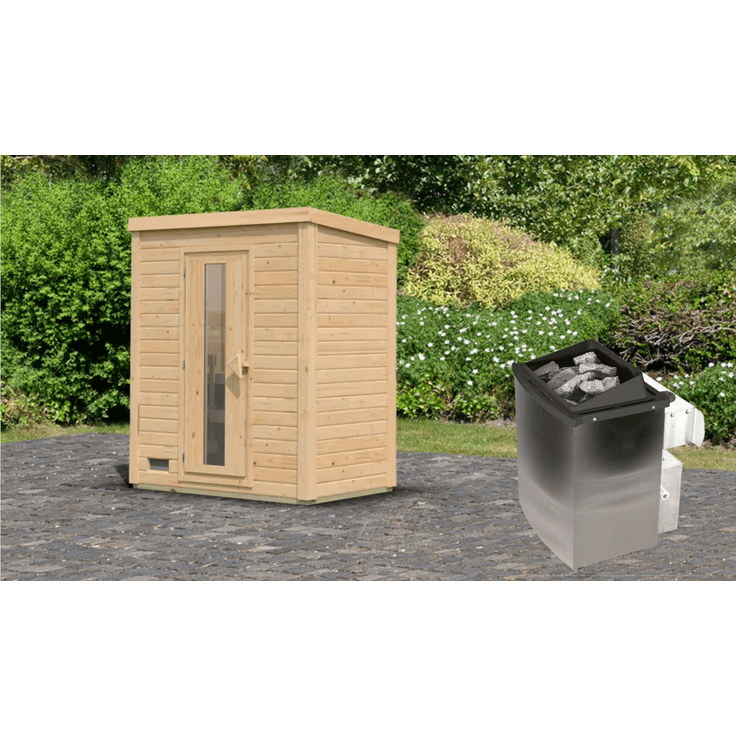 Karibu Sauna Hytti 0 naturbelassen mit 9 kW Ofen mit integrierter Steuerung