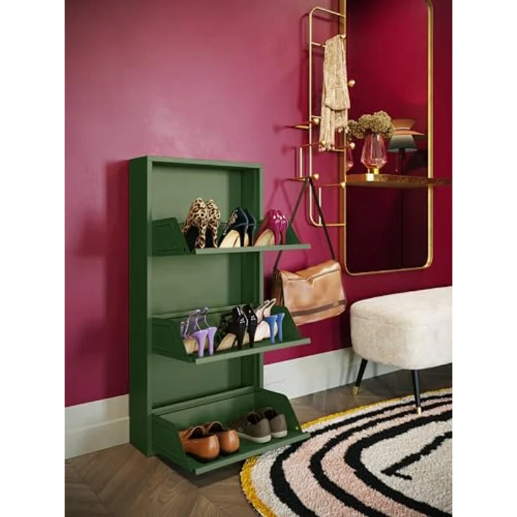 Kare Design Schuhschrank Caruso, Oliv, 104 x 50 x 15 cm, Schuhablage, Schuhkipper, Schuhregal, mit 3 Klappen, für 6 Paar Schuhe, Stahl, Schmal, Platzsparend, Hoch, Eingangsbereich – Bild 2