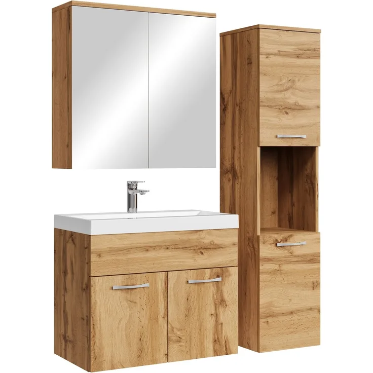 Badplaats Badmöbel Komplettset Montreal 60x35 cm Eiche - Badezimmermöbel mit Waschbecken, Spiegelschrank und Badezimmerschrank