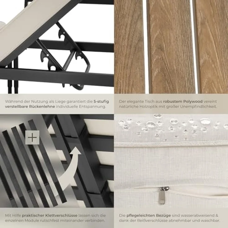tectake Gartenlounge-Set Aluminium Gartenlounge-Set, (Set, 3-tlg), Kompakter Couchtisch mit Lamellen in natürlichem Holzlook – Bild 5