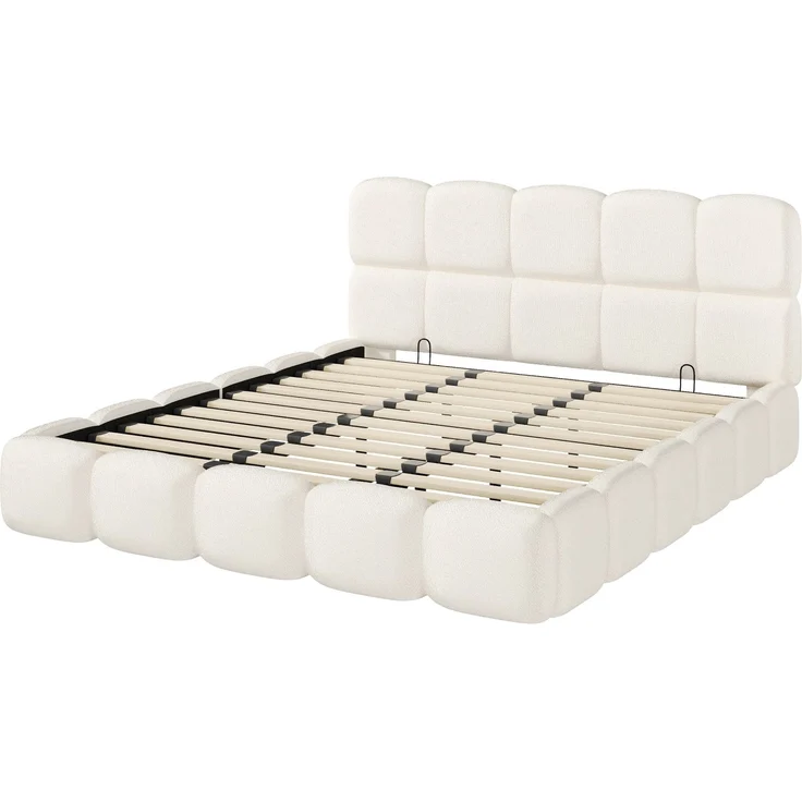 Merax Doppelbett, Polsterbett, 200*200cm, hydraulisches Funktionsbett, Bett mit Lattenrost, Kopfteil und großem Stauraum, gepolstertes Kopfteil, Weiß Bouclé – Bild 8