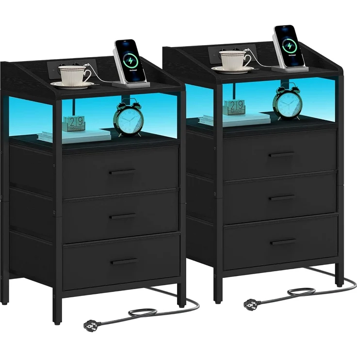 Nachttisch 2er Set, mit LED-Leuchten und Ladestation, Beistelltisch mit 3 Stoff-Schubladen und Regalen, mit USB-Anschlüssen & Steckdosen, für Schlafzimmer, Wohnzimmer, Schwarz – Bild 2