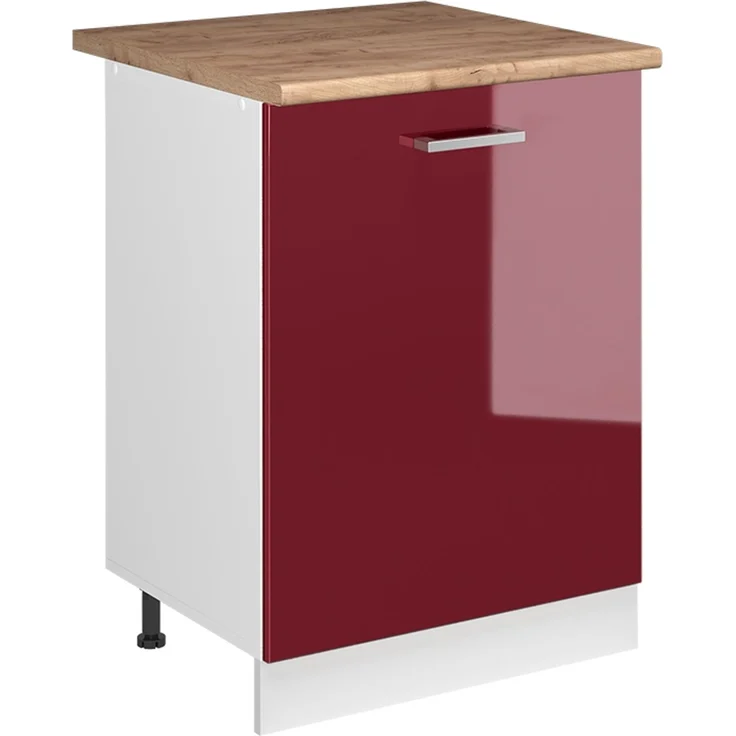 Küchenunterschrank R-Line Rot Hochglanz/Weiß 60 cm mit 1 Tür Arbeitsplatte Goldkraft Eiche Vicco – Bild 1
