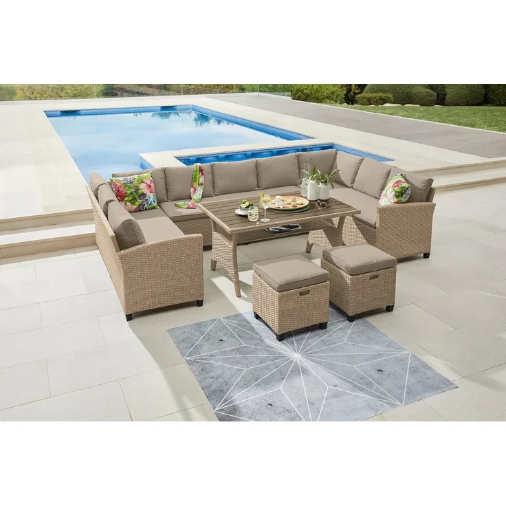 KONIFERA Gartenlounge-Set Rotterdam, (Set, 20-tlg, 3x 3er Sofa, 2x Hocker, 1x Tisch 120x82x67cm, inkl. Auflagen), Polyrattan, Stahl, Tischplatte aus Nonwood