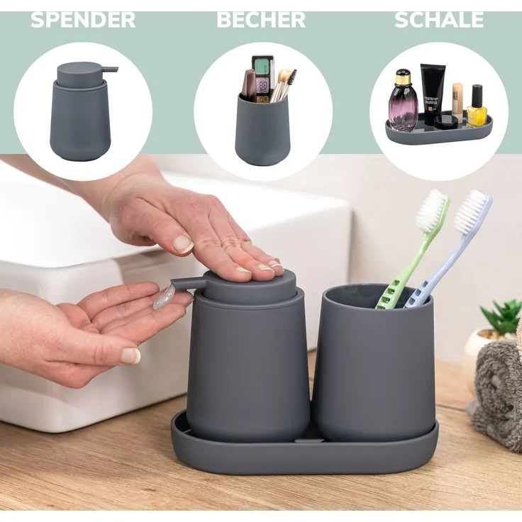 Bad-Accessoires Set TESERO 5tlg. bestehend aus 1x Seifenspender, 1x Becher, 1x Schale, 1x WC-Garnitur, 1x Kosmetikeimer aus Kunststoff in Grau – Bild 3