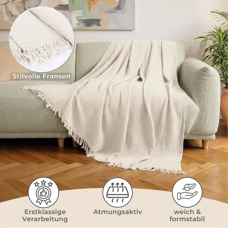 Laynenburg Tagesdecke Musselin mit Fransen aus 100% Baumwolle – Baumwolldecke, Wohndecke als Sommerdecke, Bett-Überwurf, Sofa-Decke, Kuscheldecke – Bild 3