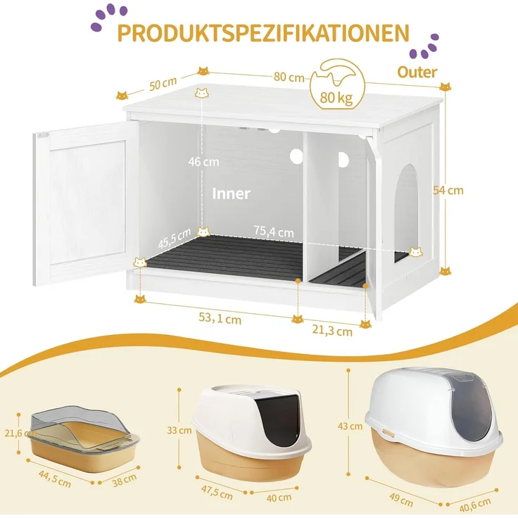 Katzenklo Schrank, Katzenschrank, Katzentoilette mit Herausnehmbarer Trennwand, Katzenhaus, Umkehrbarer Eingang Links oder Rechts, als Sideboard, 80 x 50 x 54 cm, Weiß – Bild 8