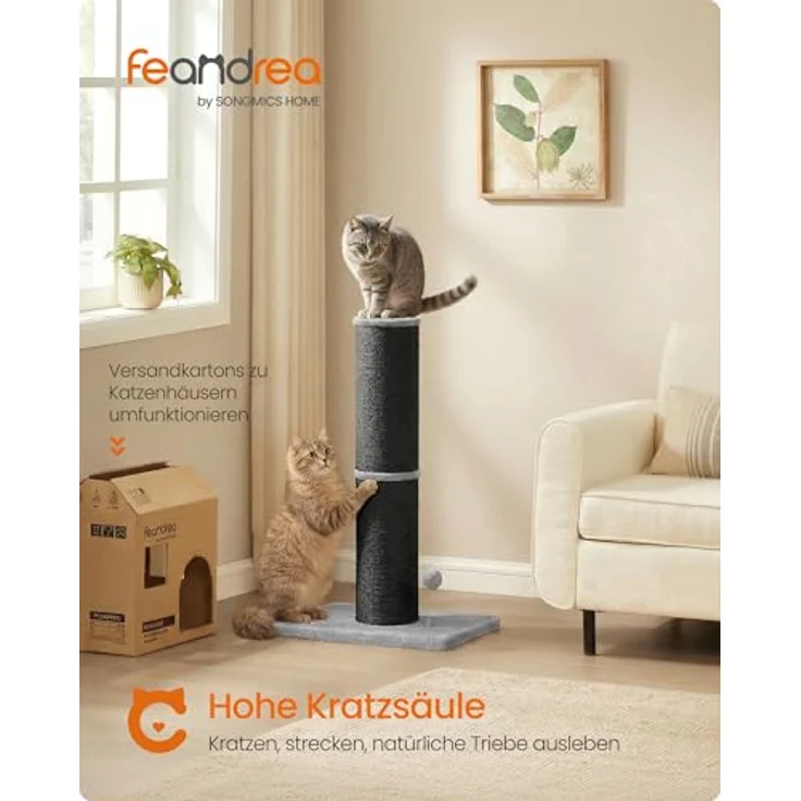Feandrea Kratzbaum, Kratzsäule XL, 85 cm hoch Kratzstamm, 17cm Dicker Stamm | Katzenbaum für mittelgroße und große Katzen, Sisalstamm, mit Plüschball und Glocke, schwarz, CLAWFY Kollektion PCA042B101 – Bild 2