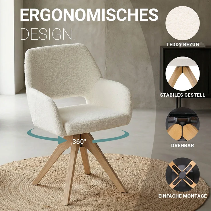 Esszimmerstühle Drehbar Set 6 Stühle für den Esstisch Drehstuhl mit Armlehne Teddystoff Weiß Polsterstühle Sessel Modern – Bild 4