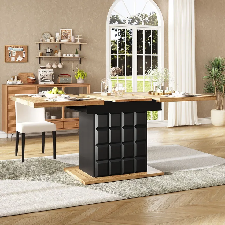 Esstisch ausziehbar 110-140x80x75 cm, mit kariertem Muster & verstecktem Stauraum