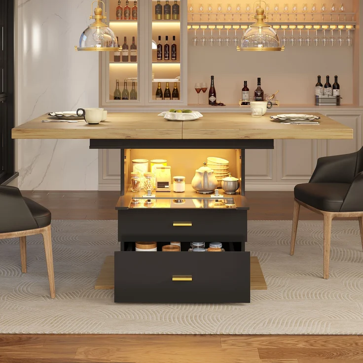 Ausziehbarer Esstisch mit LED-Beleuchtung 110/140x80x75 cm, Holzoptik, schwarzer Schrank & 2 Schubladen – Bild 1
