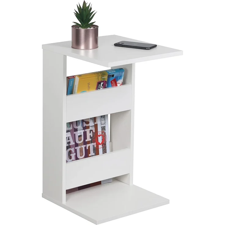 RICOO Kleiner Beistelltisch Holz 35 x 60 x 40 cm WM042-WM Couchtisch mit Stauraum Weiß Wohnzimmertisch Kleiner Tisch Wohnzimmer Sofatisch Beistelltische C Form Konsolentisch