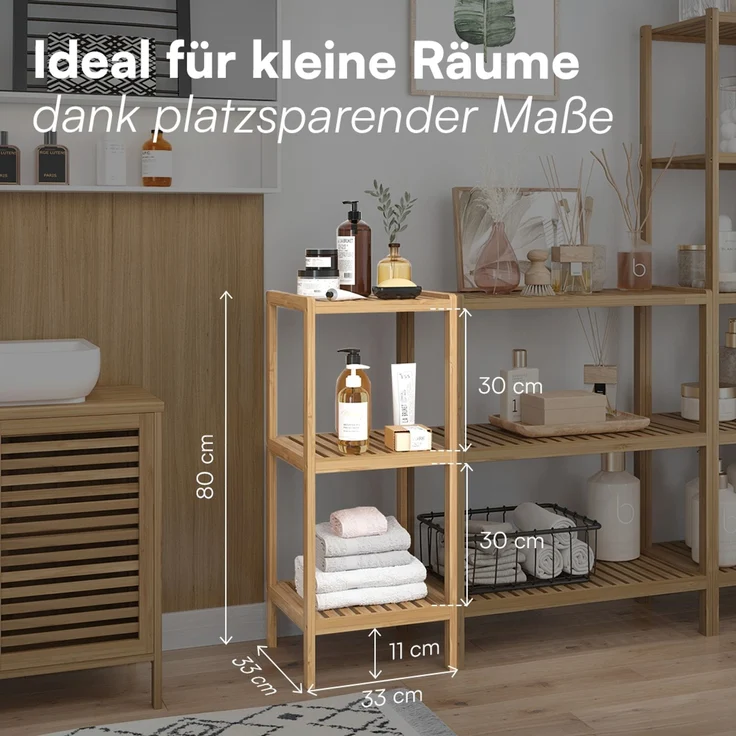 Bellamio 'Newa' Badezimmer Regal, Bambus, natur, 80x33x33 cm, Badregal mit 3 Ablagefächern – Bild 6