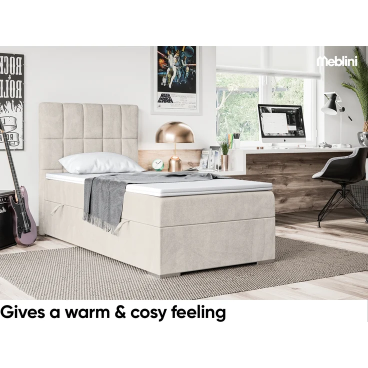 MEBLINI Boxspringbett LUKAS 100x200 cm mit Bettkasten - H4/Beige Samt Gepolstert Einzelbett mit Topper & Taschenfederkern-Matratze - 100x200 Links – Bild 2