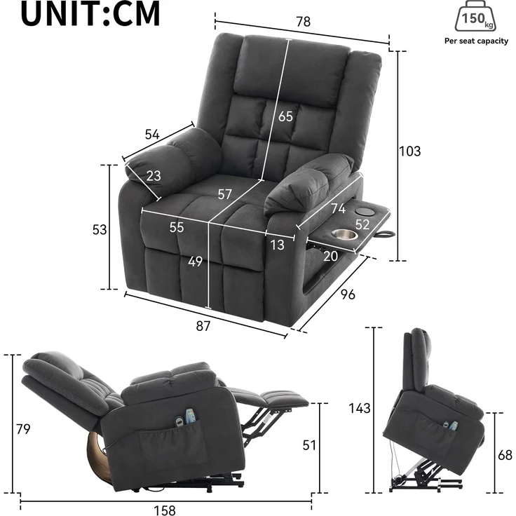 TV-Sessel 103x96x87 cm für 1 Person, elektrisch aufstehbar, mit Massage und Wärme, grau – Bild 5