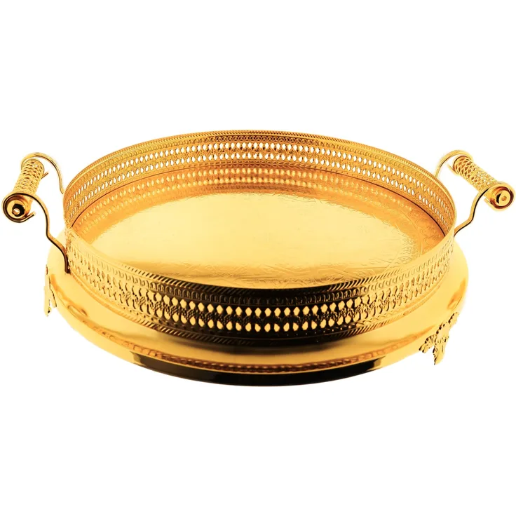 Serviertablett 45 cm - Rund mit Griffen & Ornamentrand Gold