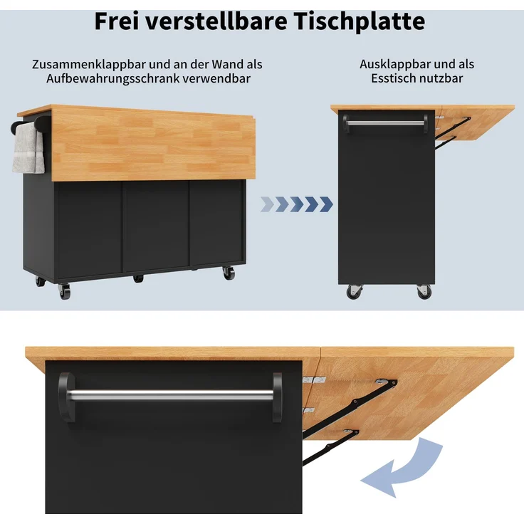 Kücheninsel mobil ausklappbare Tischplatte 122 cm mit 8 Schubladen Rollen Spanplatte,Schwarz & Holzoptik – Bild 5