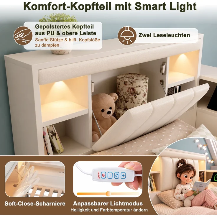 Tagesbett aus Holz mit Ausziehbett, Licht & USB-Anschluss, 140x190 cm, Weiß, ohne Matratze – Bild 7