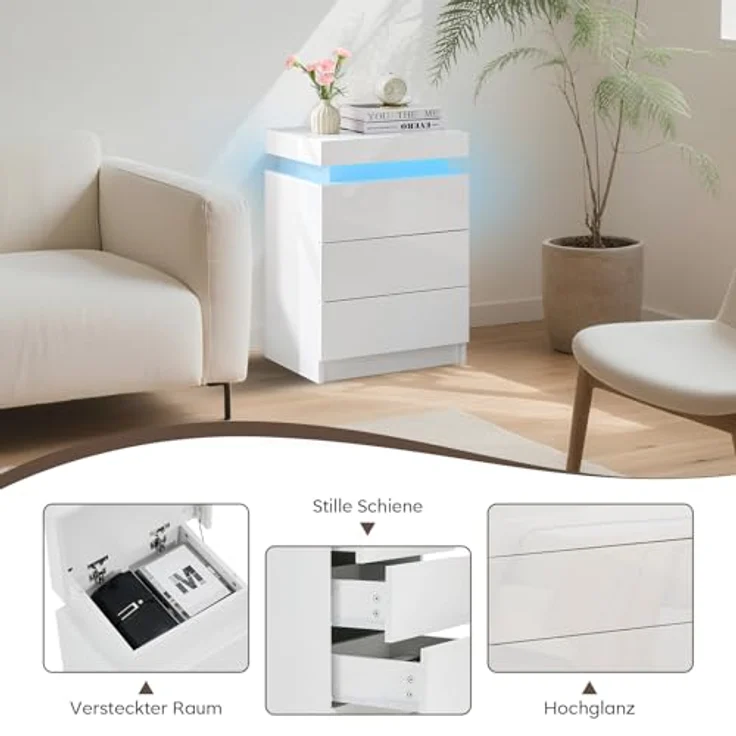 TUKAILAI Nachttisch mit LED Beleuchtung, 3 Schubladen und oberer Aufbewahrung, Hochglanz, Weißer Nachtschrank Modern, 45 x 35 x 67.5 cm für Schlafzimmer, Wohnzimmer – Bild 6