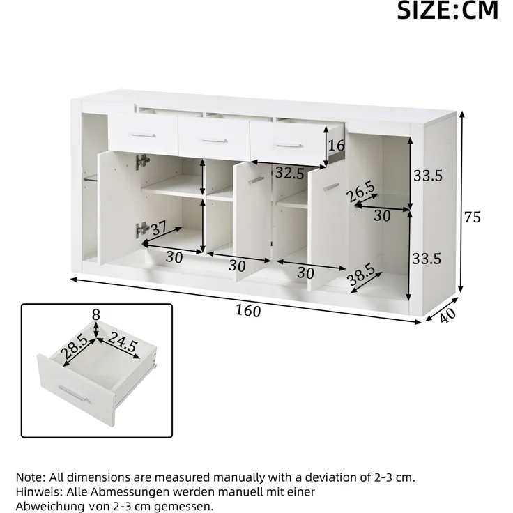 DESVIAE Sideboard mit LED-Beleuchtung und 14 Fächern 160x75x40 cm Spanplatte Weiß – Bild 10