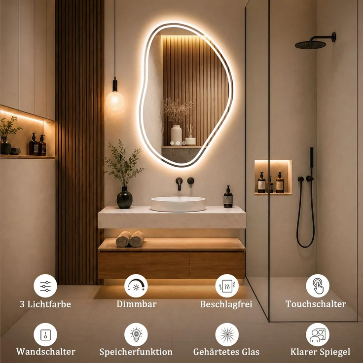 GIMBELEN LED Badezimmerspiegel 90x60 cm, asymmetrischer Wandspiegel mit Beleuchtung, 3 Lichtfarben, dimmbar, Anti-Beschlag, Touch-Schalter, Memory-Funktion, Sicherheitsglas, Weiß – Bild 2