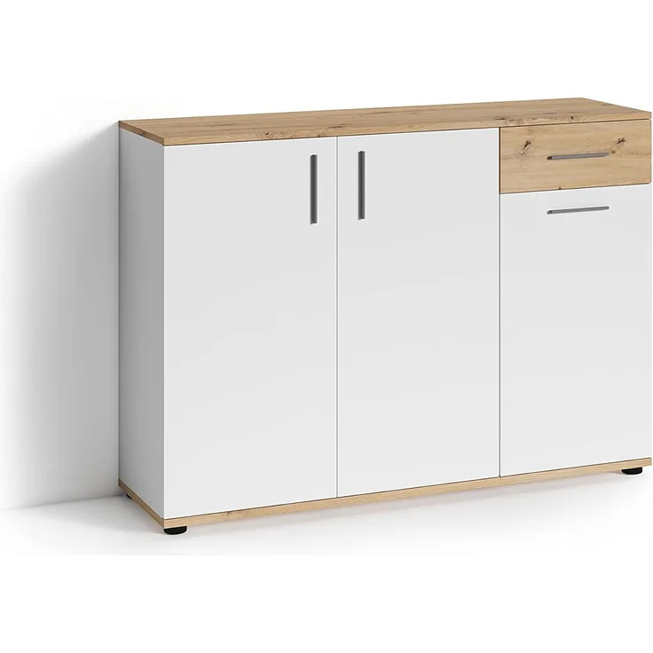 byLIVING Kommode JAKOB / 3-trg. mit 1 Schubkasten / braun in Eichen-Optik / Sideboard matt weiß / B 110, H 83,5, T35,5 cm