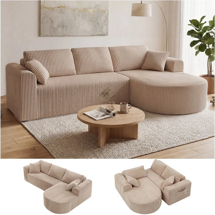 COMHOMA Sofa Ecksofa mit Schlaffunktion, Corduroy Modulares Boneless Couch, mit Chaiselongue, L-Form Schlafsofa, Sektionssofas mit Kissen & Seitentaschen