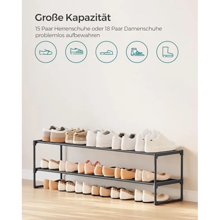 SONGMICS Schuhregal mit 2 Ebenen, Schuhständer aus Metall, Schuhaufbewahrung, Schuh-Organizer für 10-12 Paar Schuhe, stapelbar, für Flur, Wohnzimmer, Schlafzimmer, 30 x 116 x 34 cm, schwarz LSA032B01 – Bild 6